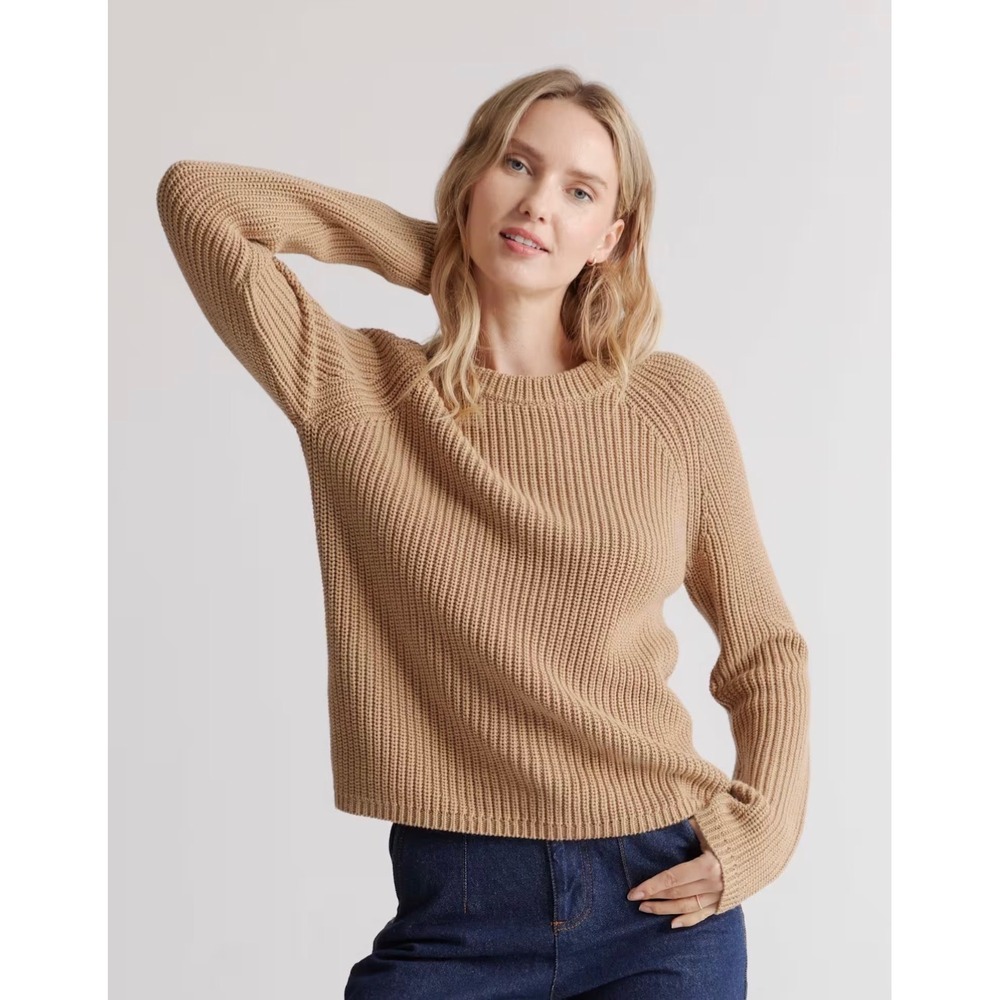 Quince Organic Cotton Fisherman Crewneck Sweater Tan Camel Ribbed Knit Womens M
